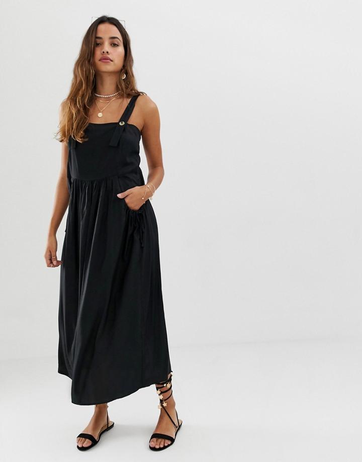 Asos Design Overall Midi Sundress With Pocket Detail-black