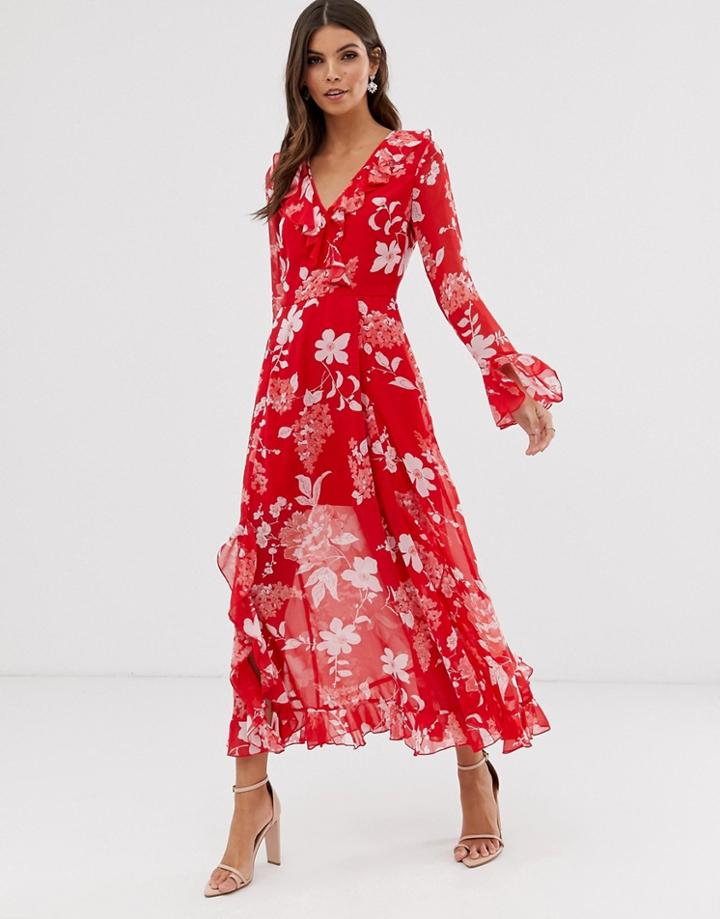 Asos Design Wrap Maxi Dress With Frills In Red Floral Print-multi
