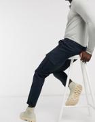 River Island Twill Cuffed Cargo Pants In Navy