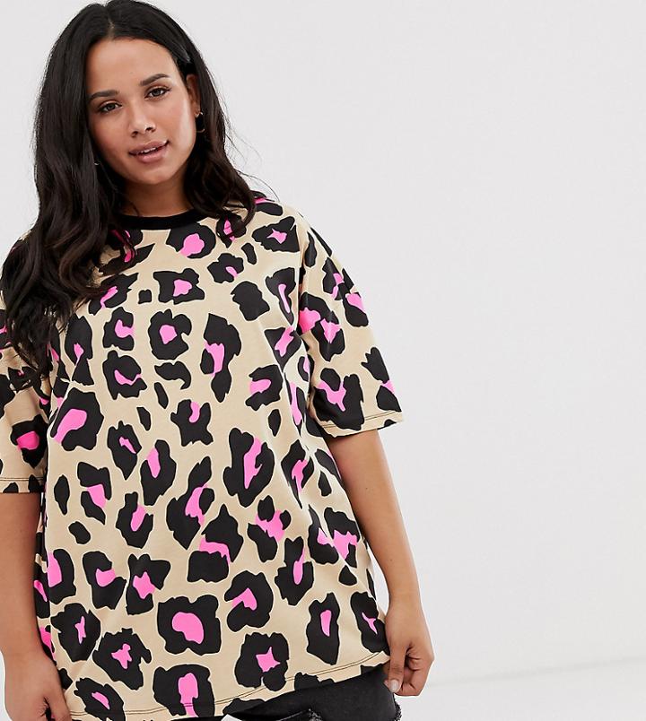Asos Design Curve Oversized T-shirt In Neon Pink Animal Print - Multi