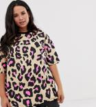 Asos Design Curve Oversized T-shirt In Neon Pink Animal Print - Multi