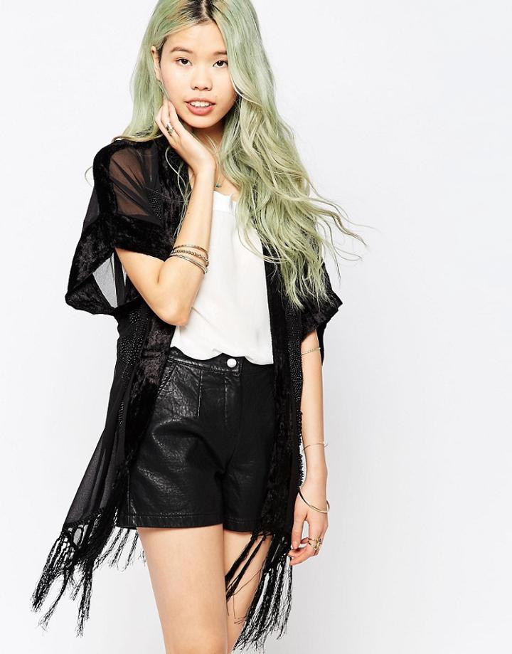 Hazel Fringe Trim Kimono - Black
