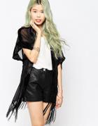 Hazel Fringe Trim Kimono - Black