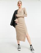 Asos Design Knitted Midi Dress With Square Neck In Taupe-neutral