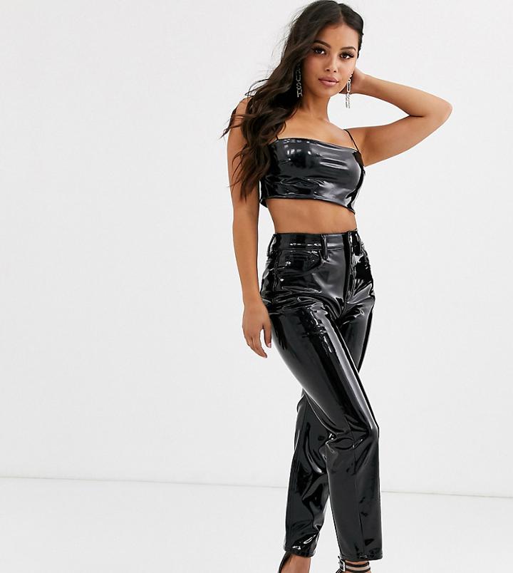 Asos Design Petite Farleigh High Waist Slim Mom Jeans In Black Vinyl