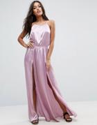 Asos Split Front Plunge Beach Maxi Dress In Satin - Purple