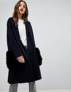 Mango Faux Fur Pocket Over Coat - Navy