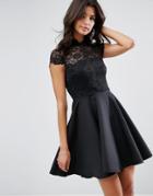 Asos High Neck Mini Skater Dress With Lace Top - Black
