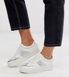 Asos Design Wide Fit Detect Flatform Sneakers In White And Silver - White