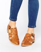 Park Lane Strappy T Bar Leather Flat Shoes - Tan