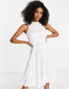 Closet London High Neck Pleated Midi Dress In Ivory-white