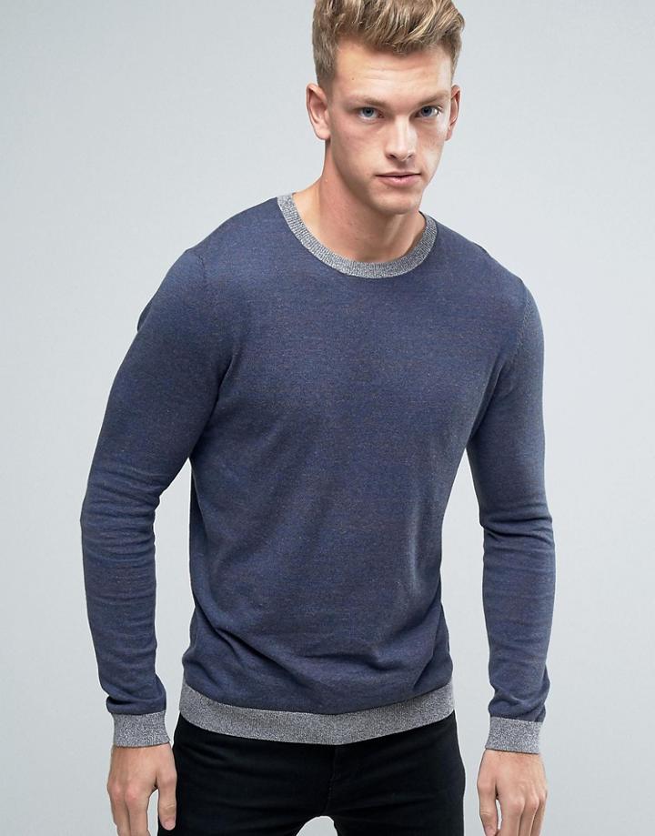 Asos Crew Neck Sweater With Contrast Hem - Navy