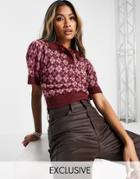 Reclaimed Vintage Inspired Knitted Argyle Short Sleeve Polo Top-multi