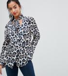 John Zack Petite Plunge Front Blouse With Neck Tie In Leopard - Multi