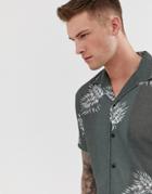 Jack & Jones Premium Short Sleeve Shirt In Floral Print With Revere Collar - Green