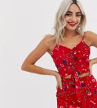 Parisian Petite Button Front Cami Top With Tie Front In Floral Print - Red