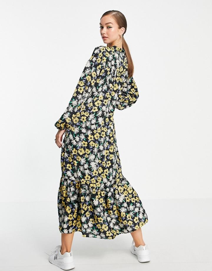 Mango Polyester Midi Smock Dress In Black Floral - Black