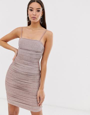 The Girlcode Glitter Lurex Ruched Mini Dress In Bronze - Brown