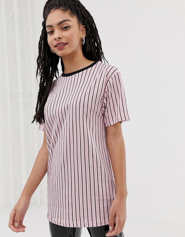 New Look Vertical Stripe Long Line Tee In Pink Pattern - Pink
