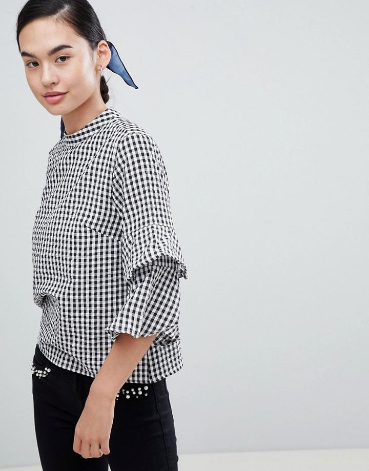 Only Peptia Gingham Ruffle Sleeve Top - Black
