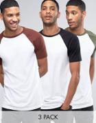 Asos 3 Pack Longline T-shirt With Contrast Raglan Sleeves - Multi