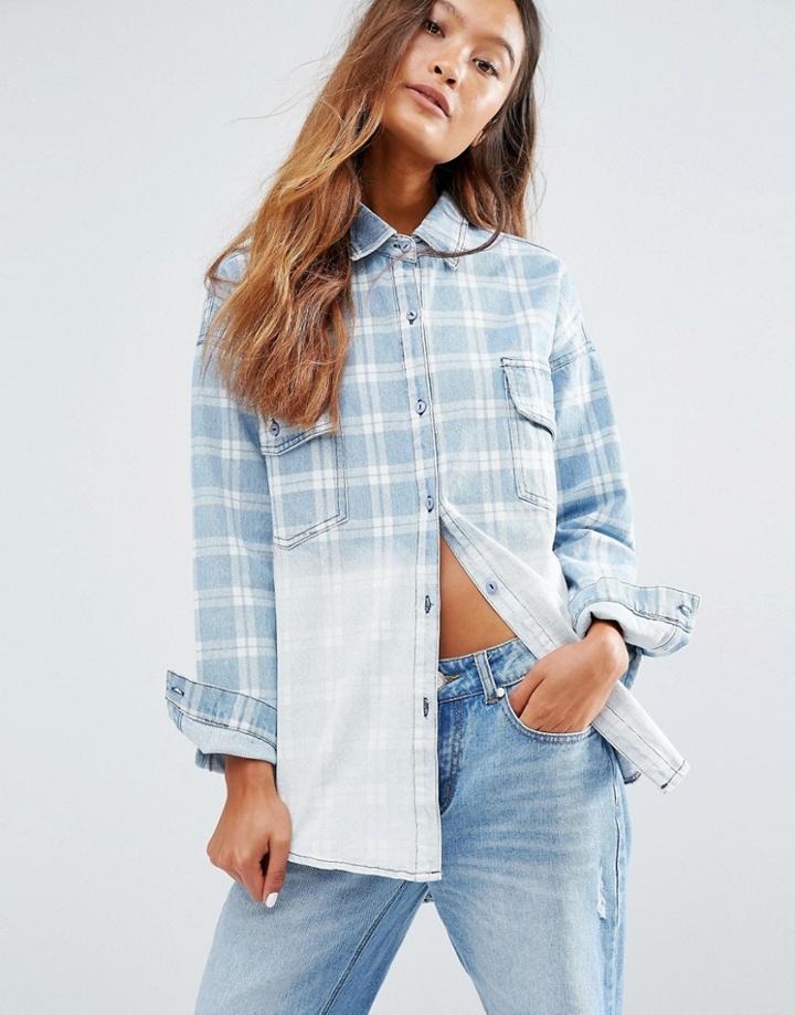 Honey Punch Oversized Boyfriend Shirt In Check Dip Dye - Blue