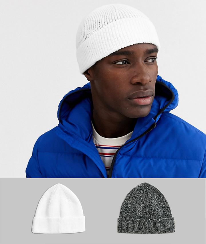 Asos Design 2 Pack Fisherman Beanie In Black Twist And White Save-multi