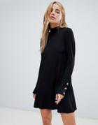 Pull & Bear High Neck Button Detail Swing Dress In Black - Black