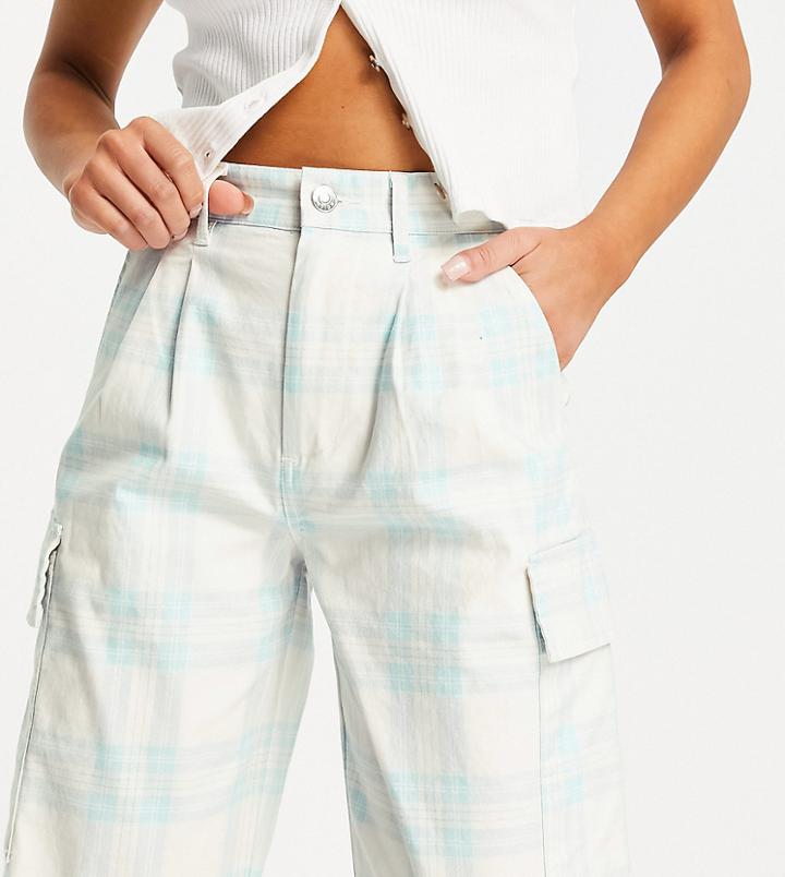 Asos Design Petite Pleat Front Chino With Cargo Pockets In Pastel Check-blues