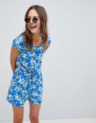 Brave Soul Lenore Floral Print Romper With Ladder Detail - Blue