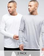 Asos Longline Long Sleeve T-shirt 2 Pack In White/gray Marl Save - Multi