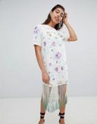 Asos Design Embroidered Midi Dress With Tie Dye Fringe - Multi
