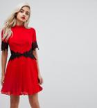 Asos Petite Lace Waist And Cuff Pleated Mini Dress-red
