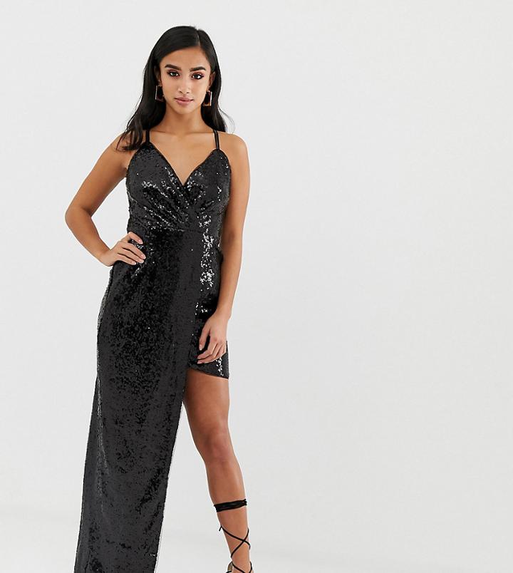 Tfnc Petite Sequin Super Mini Dress With Asymmetric Hem In Black