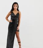 Tfnc Petite Sequin Super Mini Dress With Asymmetric Hem In Black
