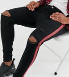 Mauvais Muscle Fit Jeans With Distressing And Side Stripe - Black
