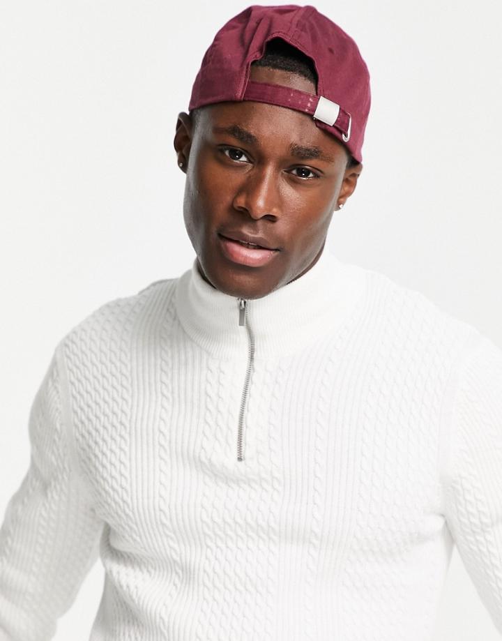 Asos Design Lightweight Cable Knit Half Zip Sweater In White