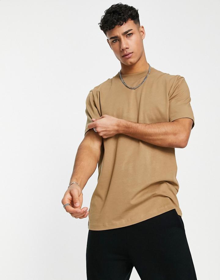 Selected Homme Cotton High Neck Oversized T-shirt In Tan - Tan-brown