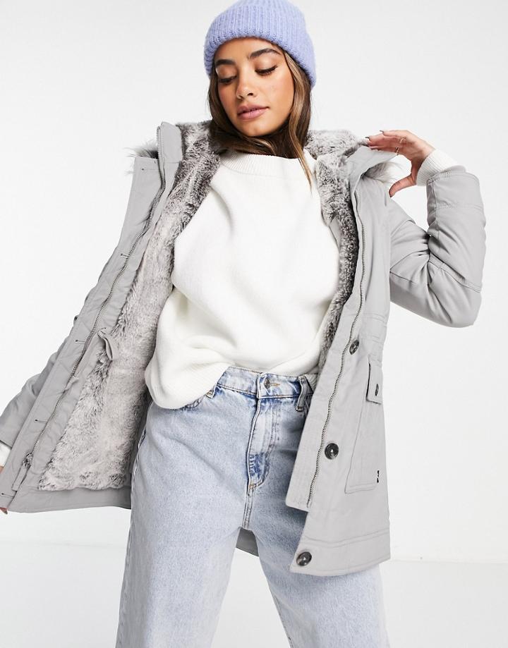 Hollister Faux Fur Hooded Parka Jacket In Gray