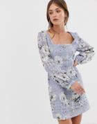 We Are Kindred Sookie Printed Broderie Mini Dress With Button Down Front-blue