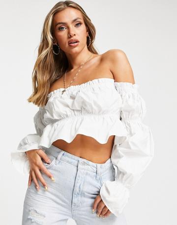 Na-kd X Sanne De Kramer Sqaure Neck Dramatic Sleeve Crop Top In White
