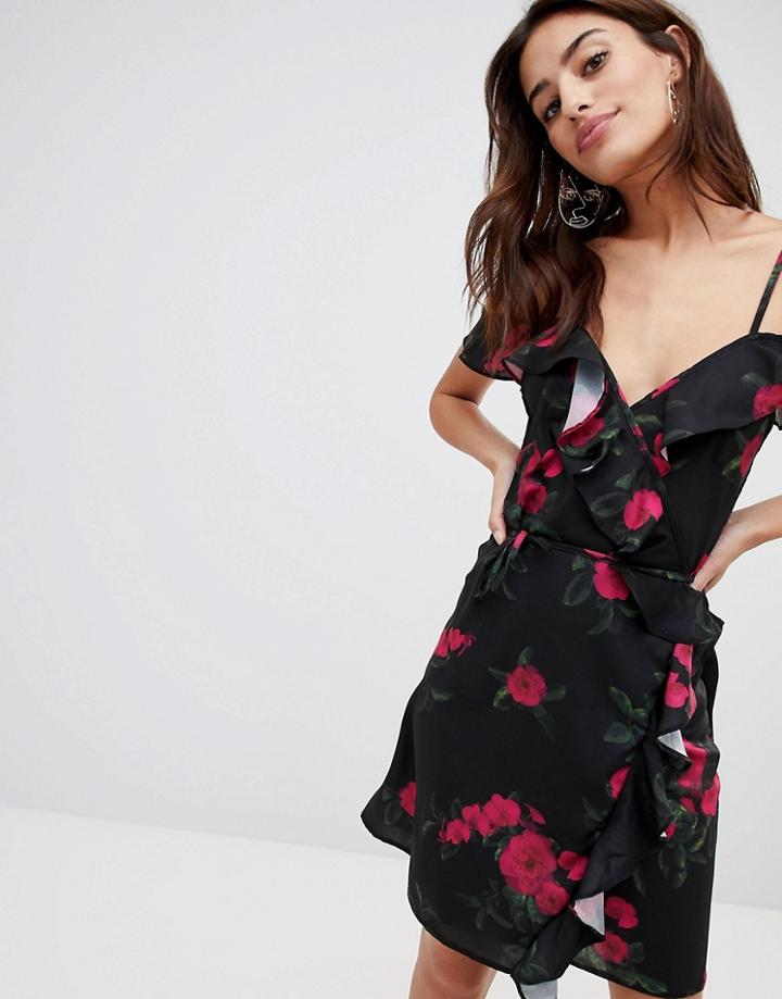 Na-kd Cold Shoulder Flower Printed Overlap Dress - Pink