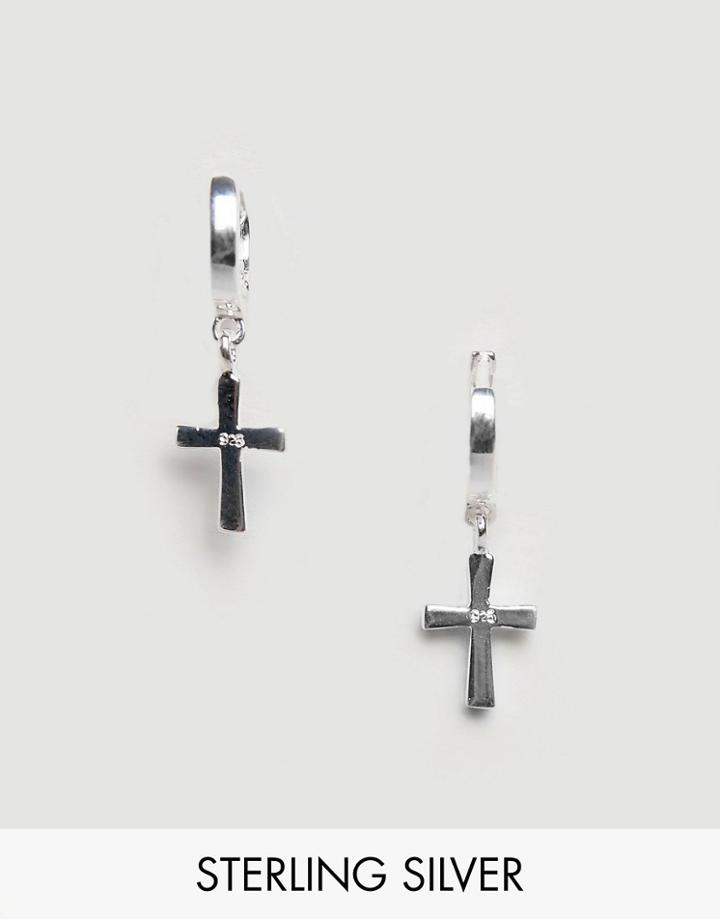 Asos Design Sterling Silver Cross Hoop Earrings - Silver
