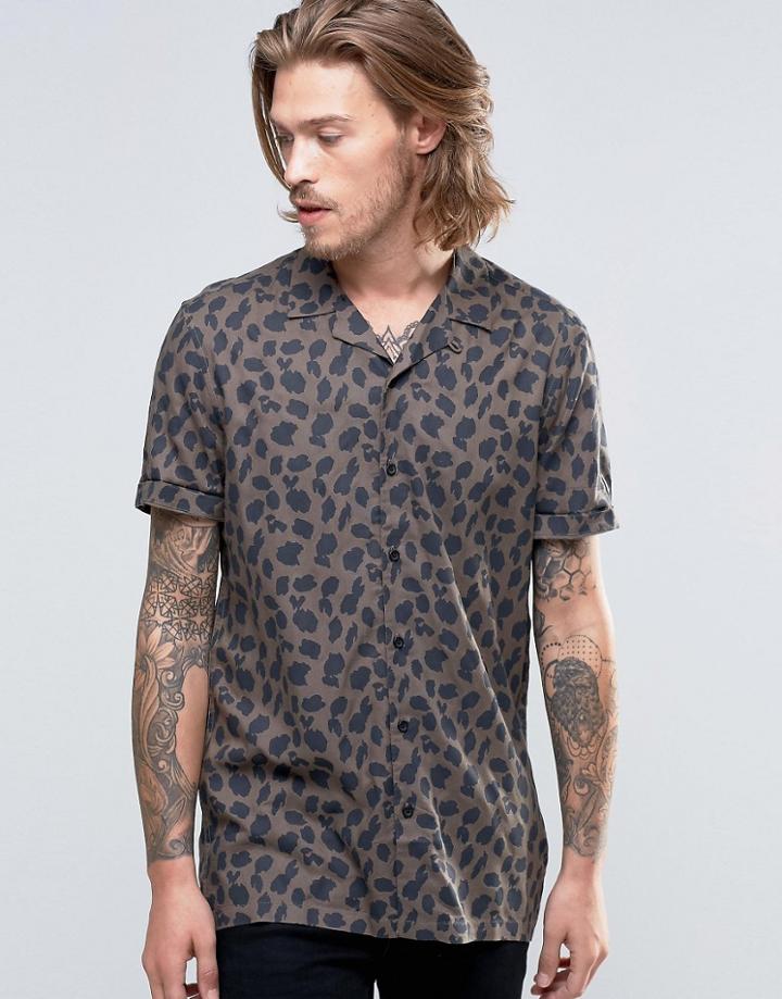 Asos Shirt In Khaki Leopard Print In Regular Fit With Revere Collar - Green