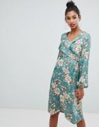 Boohoo Wrap Midi Dress In Floral Print - Green