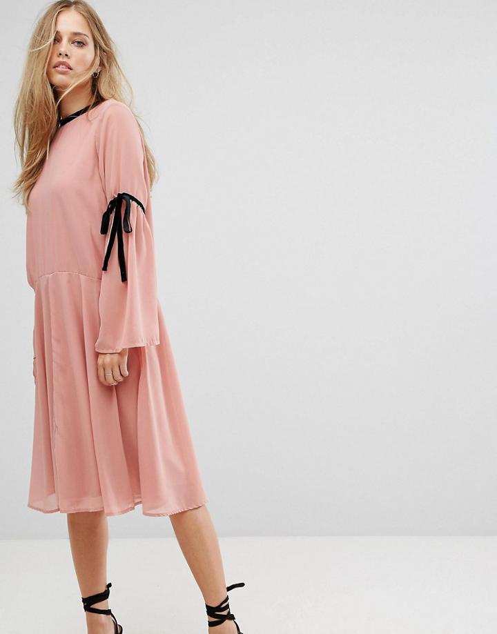 Vero Moda Tie Sleeve Midi Skater Dress In Pink