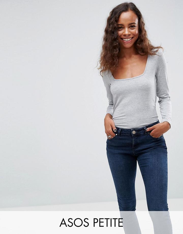 Asos Petite Top With Square Neck And Long Sleeve - Gray