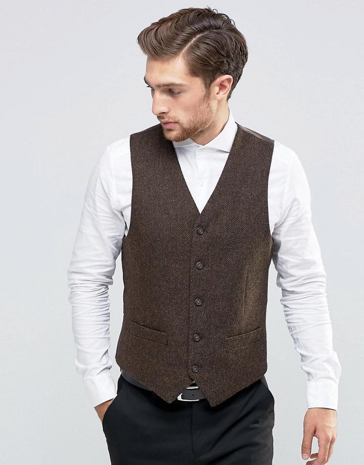 Feraud Heritage Premiun Wool Brown Herringbone Vest - Brown