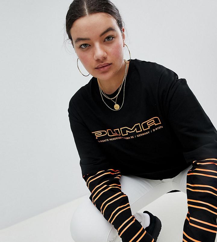 Puma Exclusive To Asos Plus Long Sleeve Towfer T-shirt With Stripe Sleeves In Black - Black