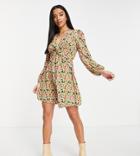 River Island Petite Twist Front Floral Mini Tea Dress In Khaki-green